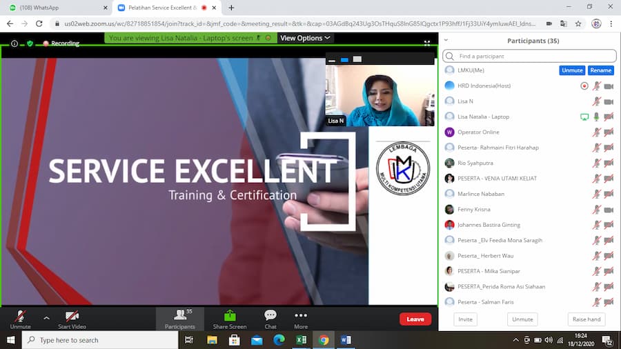 Online Training Service Excellent pada 18 Desember 2020 yang diikuti sebanyak 29 Peserta dari Universitas Prima Indonesia