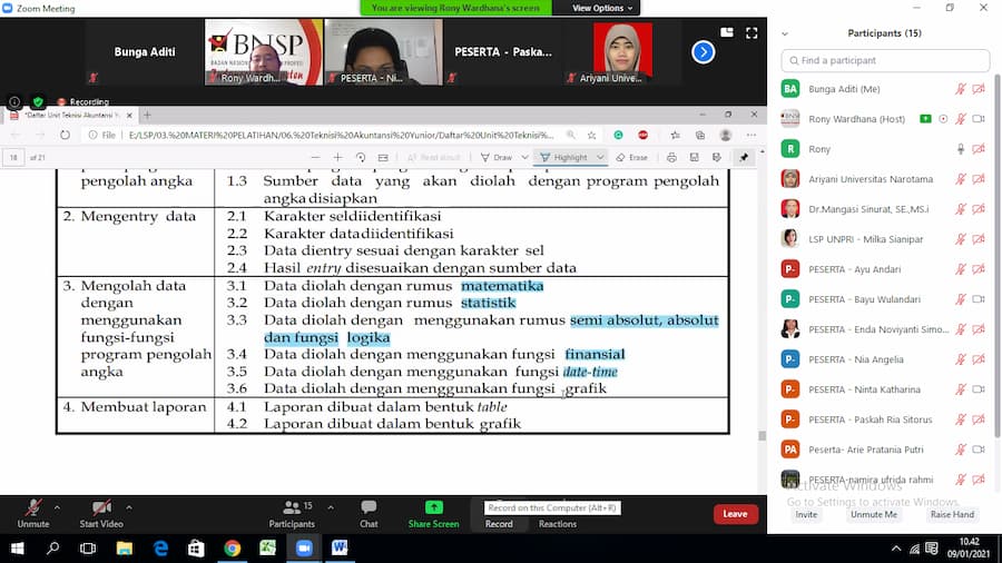 Program Penyegaran Teknisi Akuntasni Yunior yang dilaksanakan secara online pada tanggal 08-09 Januari 2021