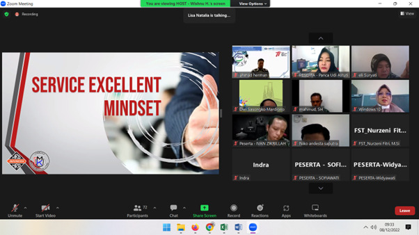 Pelaksanaan Pelatihan dan Uji Kompetensi Bersertifikasi BNSP dengan Skema Service Excellent Melalui Metode Daring yang dilaksanakan pada tanggal 08-09 Desember dan 12 Desember 2022 diikuti oleh 69 peserta Universitas Jambi (UNJA)