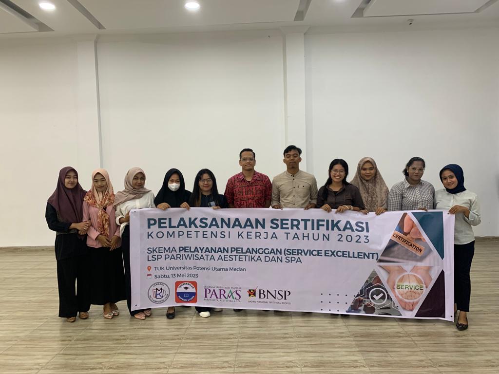 Pelaksanaan Pelatihan dan Uji Kompetensi Bersertifikasi BNSP dengan Skema Service Excellent Melalui Metode Luring yang dilaksanakan di Universitas Potensi Utama, pada Tanggal 13 Mei 2023 diikuti oleh 120 peserta Universitas Potensi Utama