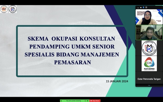 Pelaksanaan Pelatihan dengan skema Okupasi Konsultan Pendamping UMKM Senior Spesialis Bidang Manajemen Pemasaran yang dilaksanakan pada tanggal 15 s.d 16 Januari 2024